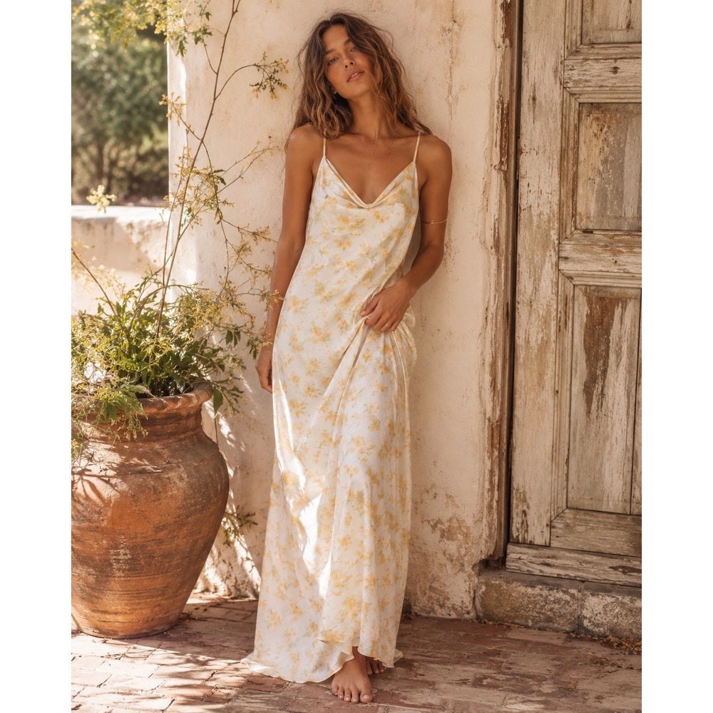 Holzweiler Eila Print Dress Yellow Mix Floral Satin Cowl Neck Maxi Slip Dress XS